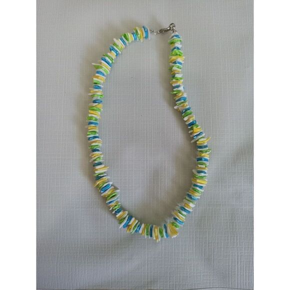 Blue and Green Single Strand Stacked Shell Shard Pieces Choker Style Necklace - Picture 5 of 9